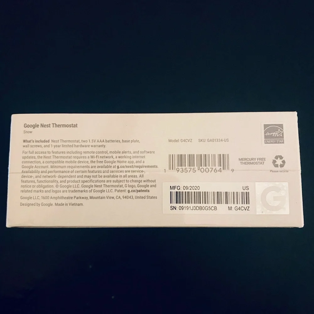 Google Nest Smart Thermostat in Snow NIB - Easy Install - Google Home - New